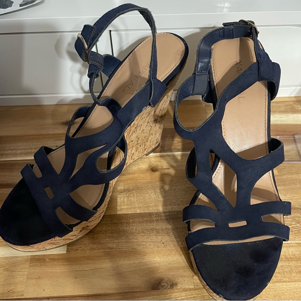 Navy Strappy Wedge Sandals